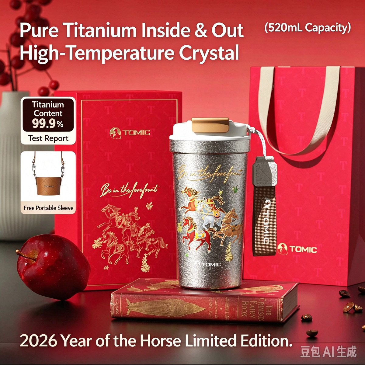TOMIC 2026 Year of Horse Limited Edition Pure Titanium Mug 520ml, Insulated Travel Coffee Cup with Leather Sleeve & Gift Set
