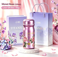 320ml Monet Rose Pure Titanium Insulated Bottle Gift Set, Vintage Floral Vacuum Water Cup with Laser Gift Box & Tote Bag