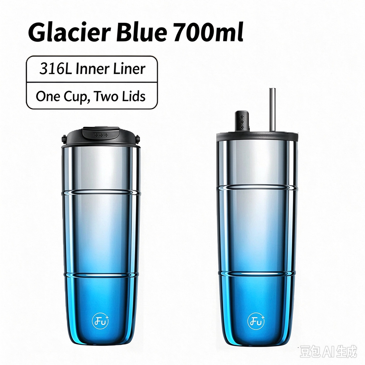 Glacier Blue 700ml Tumbler with 2 Lids, 316L Stainless Steel Cup