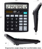 Calculator, Deli Standard Function Desktop Calculators with 12 Digit Large LCD Display and Sensitive Button, Solar Battery Dual Power Office Calculator, Black