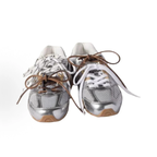Women Metallic Silver Gold Mesh Retro Sneakers, Triple Lace Up Flat Y2K Athletic Walking Shoes, Vintage Low Top Streetwear Trainers