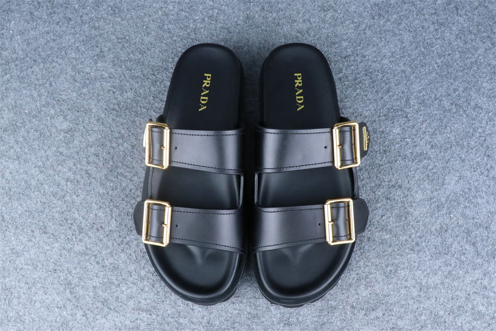 Prada Leather Dual-Buckle Slide Sandals