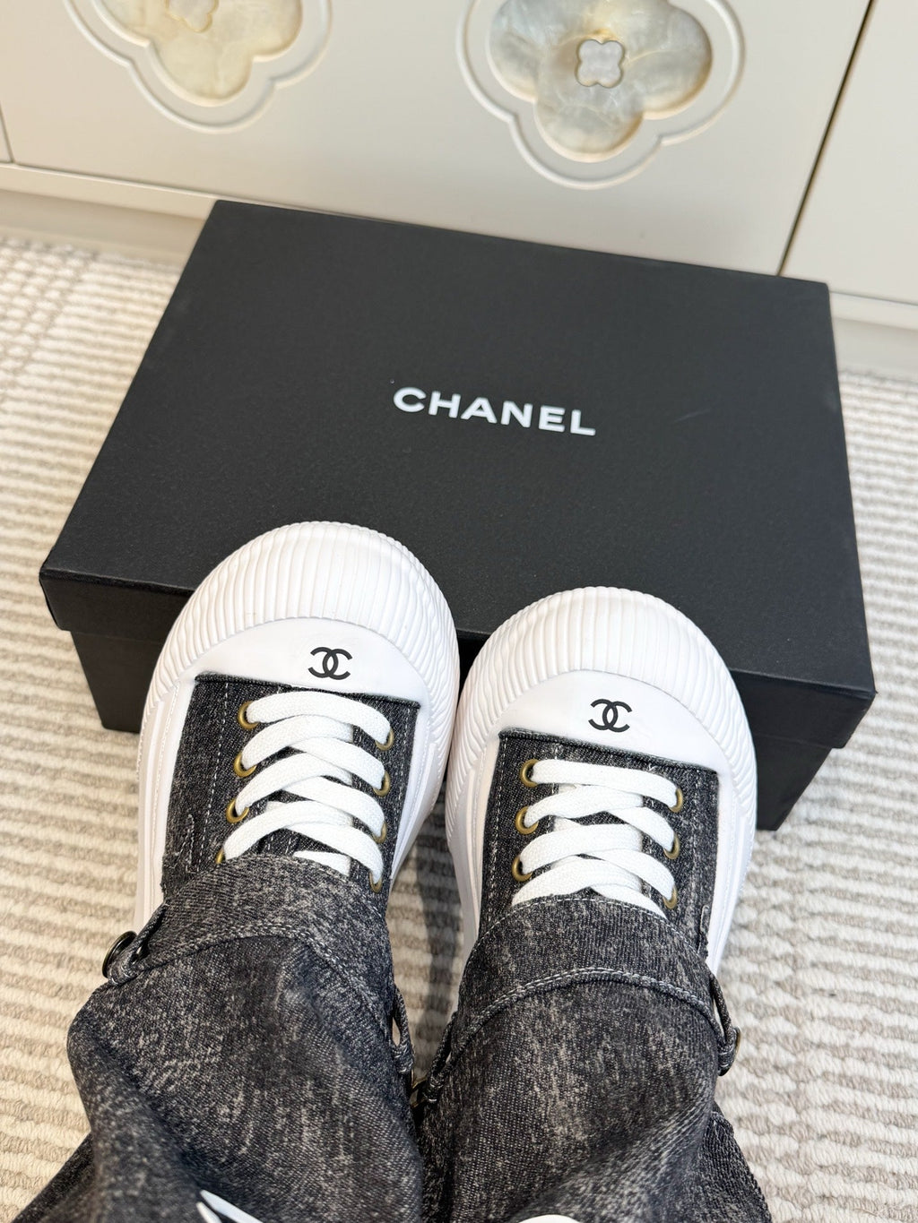 CHANEL 26S HIGH TOP PLATFORM SNEAKER BOOTS IN GREY DENIM