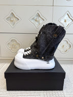 CHANEL 26S HIGH TOP PLATFORM SNEAKER BOOTS IN GREY DENIM