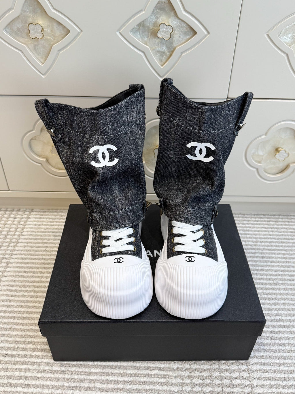 CHANEL 26S HIGH TOP PLATFORM SNEAKER BOOTS IN GREY DENIM