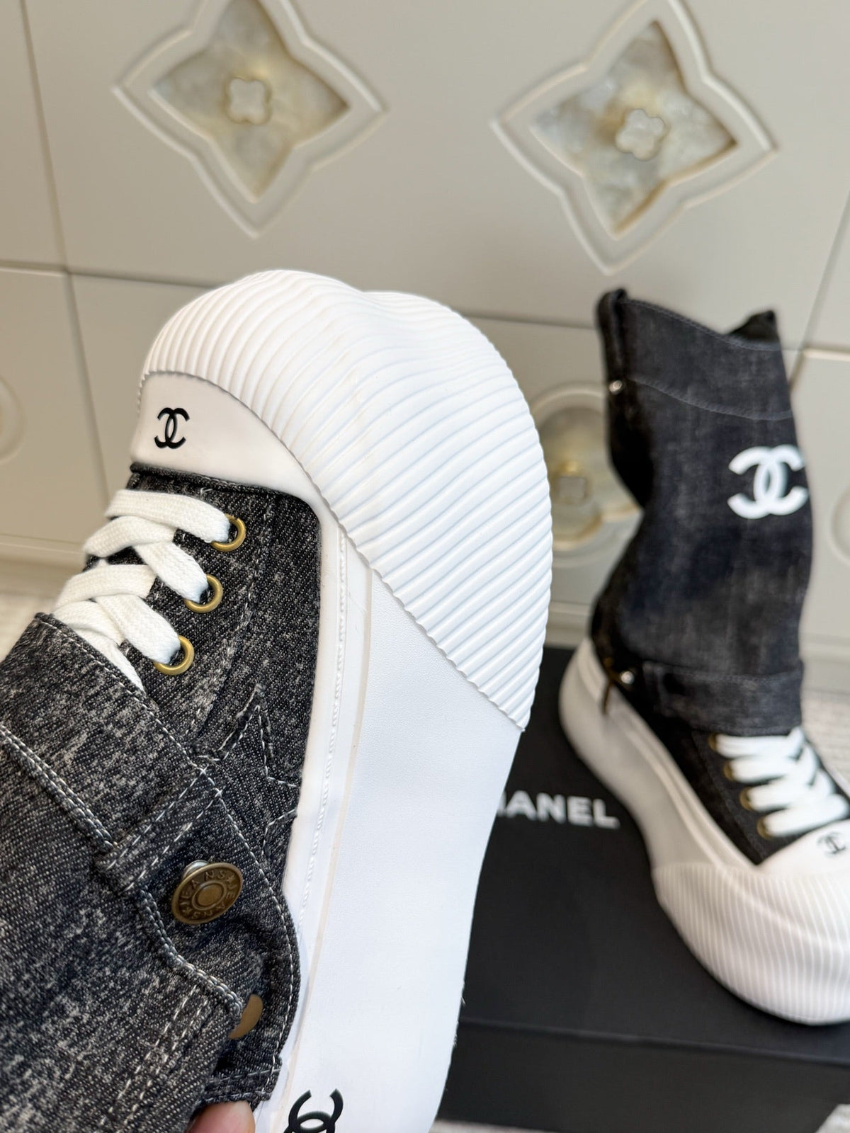 CHANEL 26S HIGH TOP PLATFORM SNEAKER BOOTS IN GREY DENIM