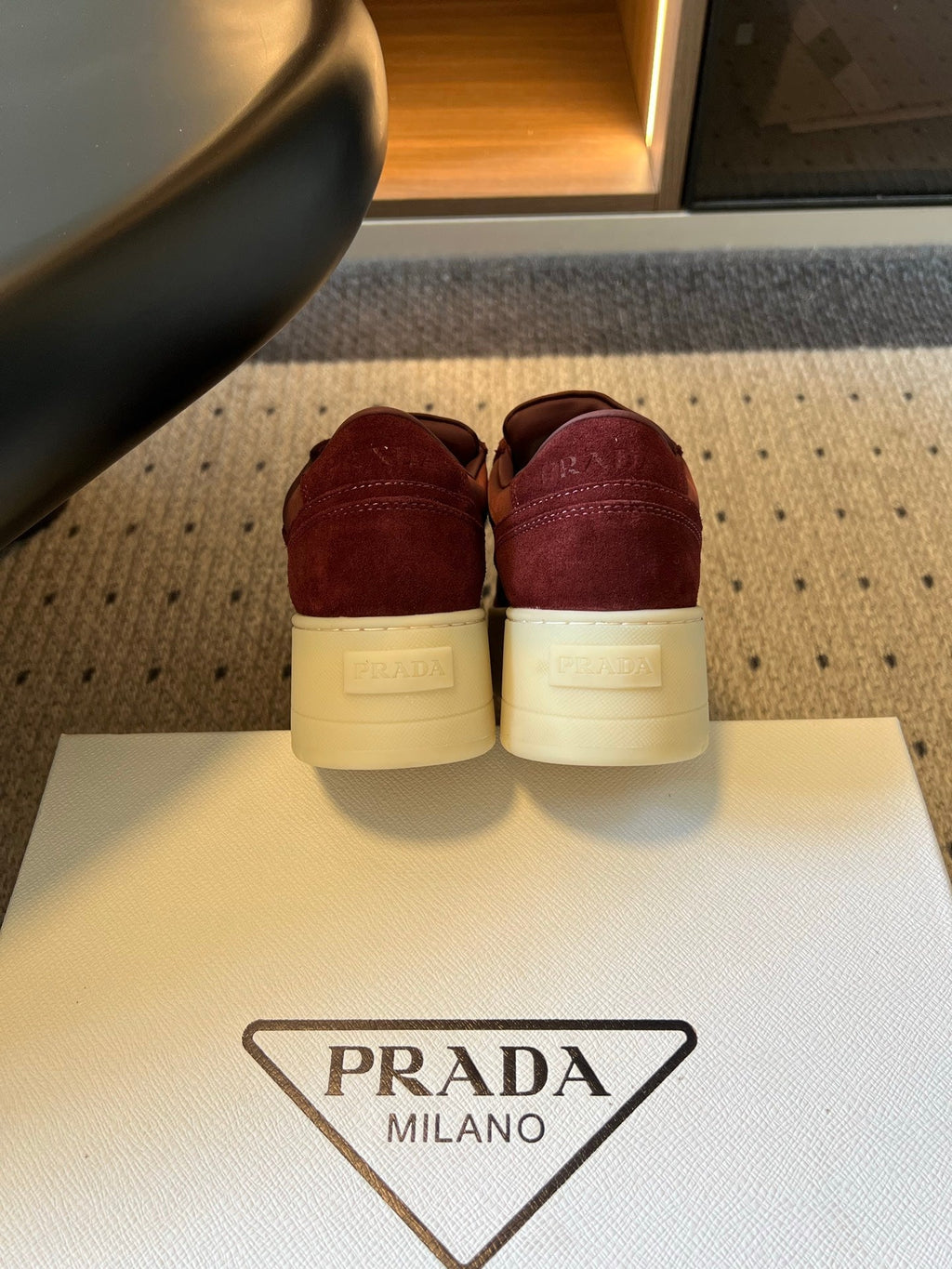 PRADA 26S PLATFORM SNEAKERS IN DARK RED FABRIC MIX SUEDE