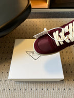 PRADA 26S PLATFORM SNEAKERS IN DARK RED FABRIC MIX SUEDE