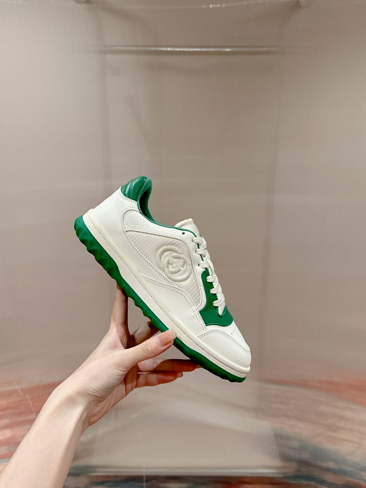 GUCCI 26S SNEAKERS IN WHITE MIX GREEN CALFSKIN