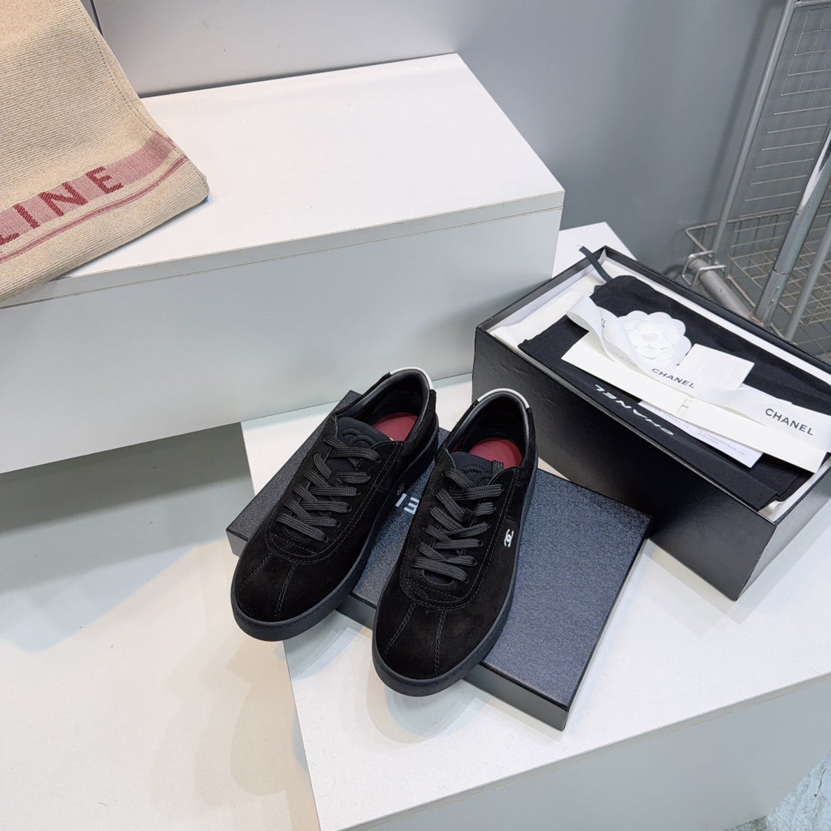 CHANEL 26S GUM SOLE SNEAKERS IN BLACK SUEDE