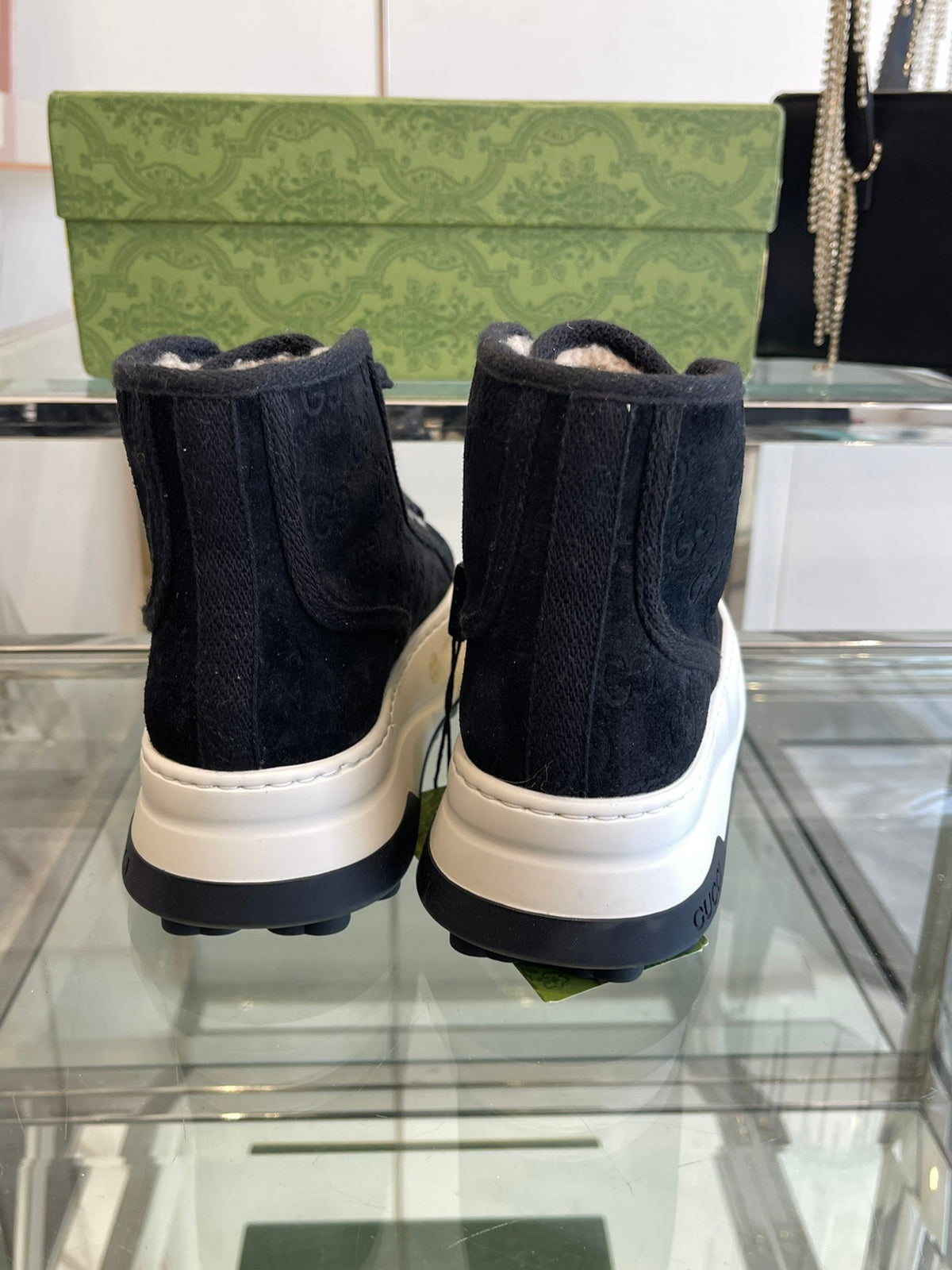 GG HIGH TOP SNEAKER IN BLACK CANVAS WITH BEIGE FLEECE LINING